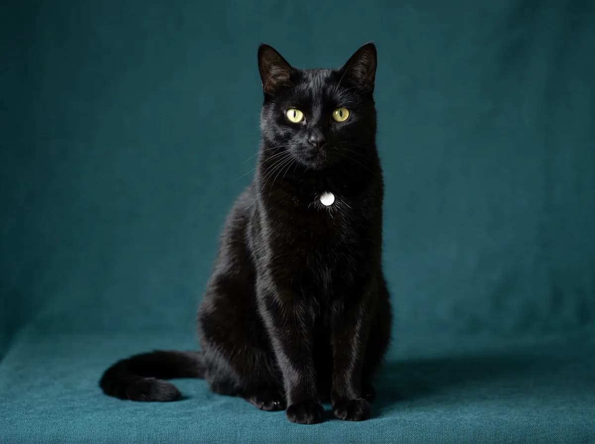 A solid black cat with a single small white locket spot on its chest, the rest of the coat fully black, sitting against a plain background