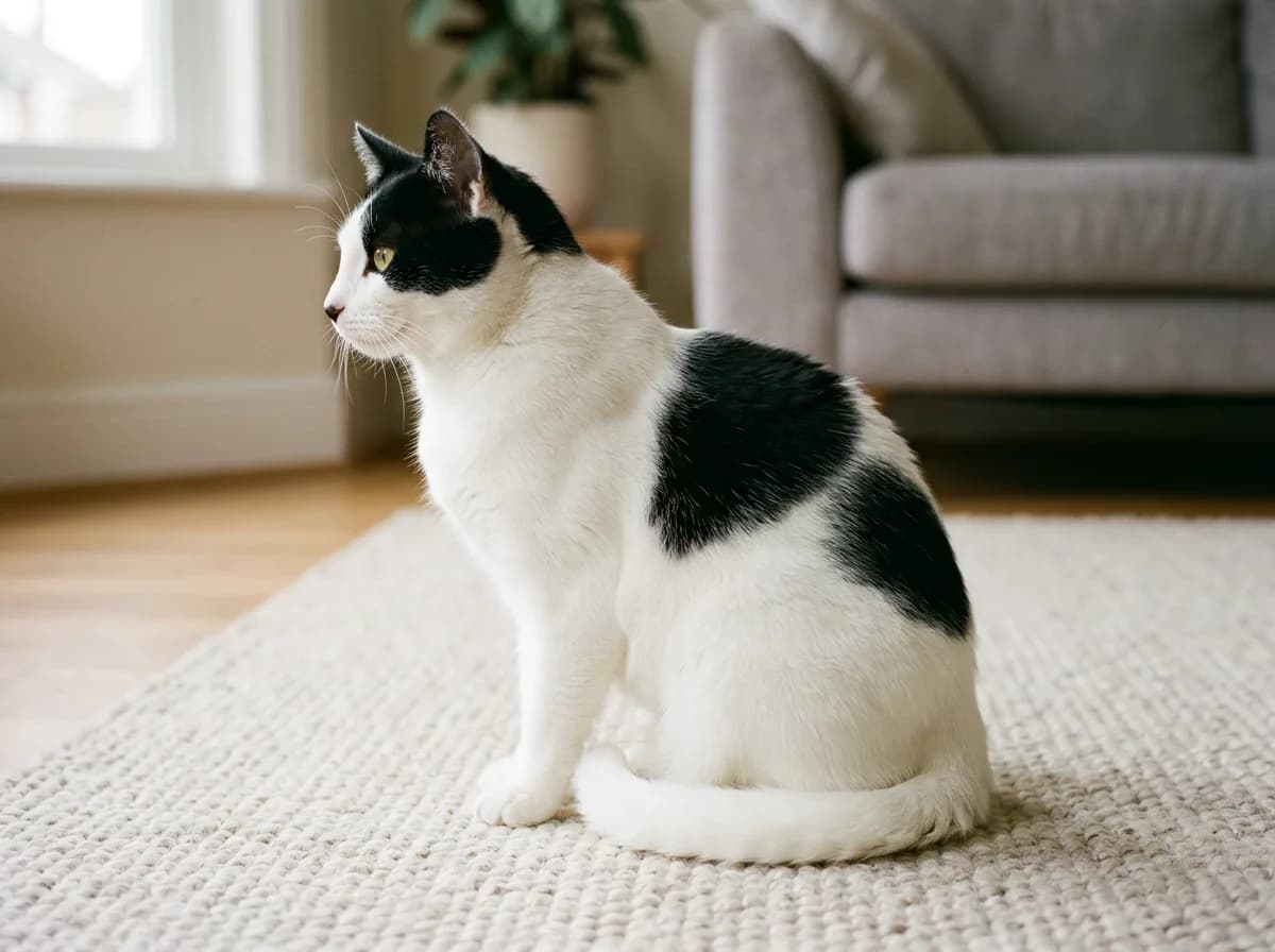 A mostly white cat with a black cap over the head and a black saddle across the back, the mask-and-mantle pattern, sitting in profile