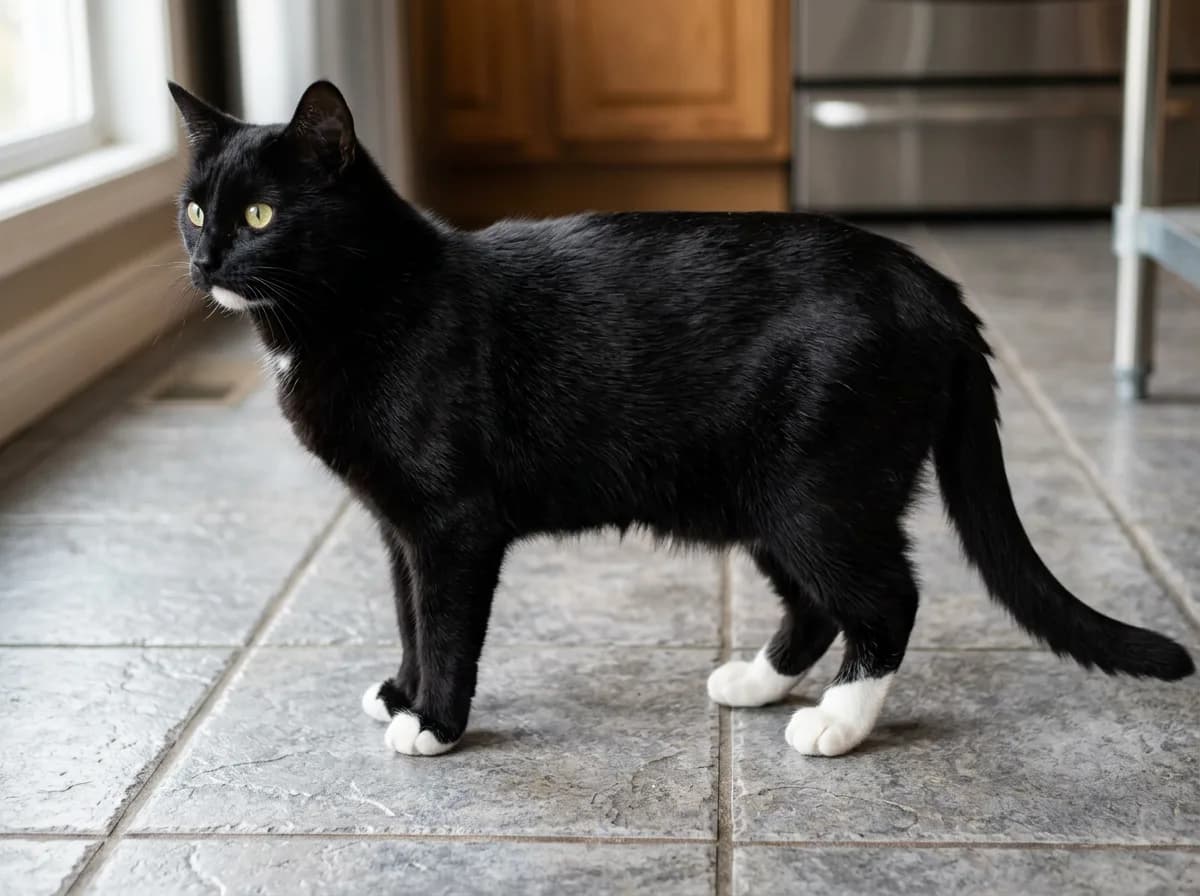 A black cat with white paws only, like white mittens, the rest of the coat solid black, standing on a tiled floor