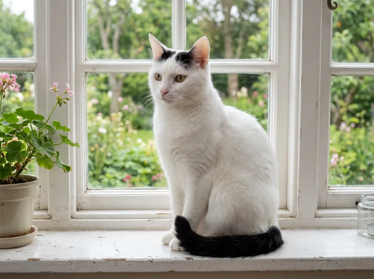 A near-all-white cat with color only on the head between the ears and on the tail, the van pattern, sitting on a windowsill