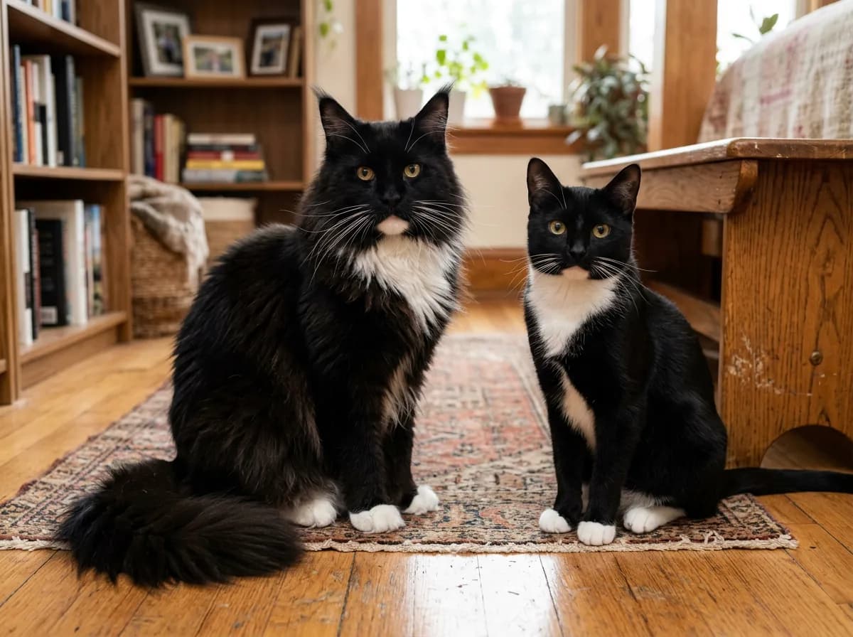 A fluffy black-and-white tuxedo Maine Coon and a short-haired tuxedo domestic cat sitting side by side, showing the same pattern on very different cats