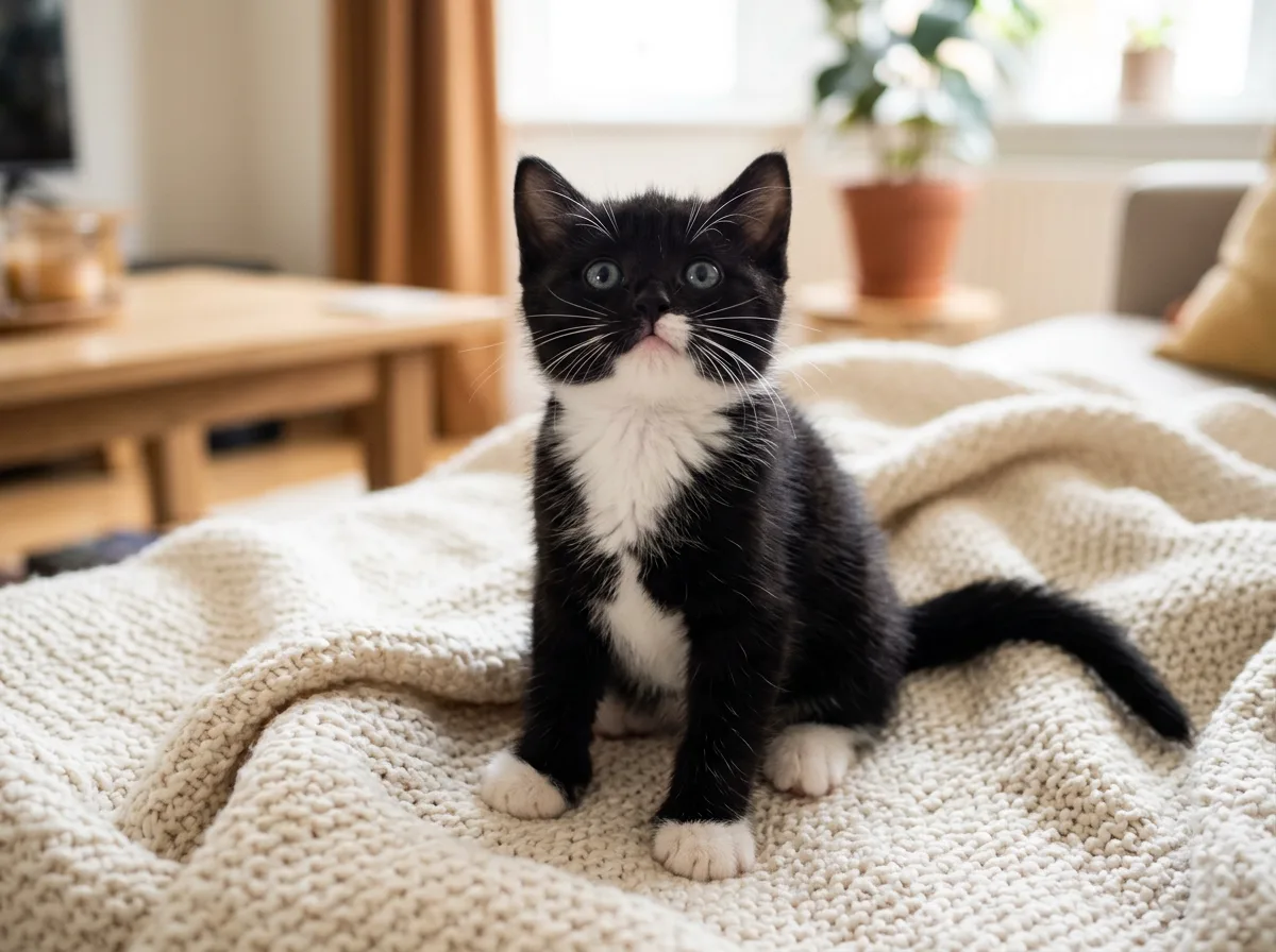 A young black-and-white tuxedo kitten with blue eyes and oversized paws sitting on a soft blanket, looking curious