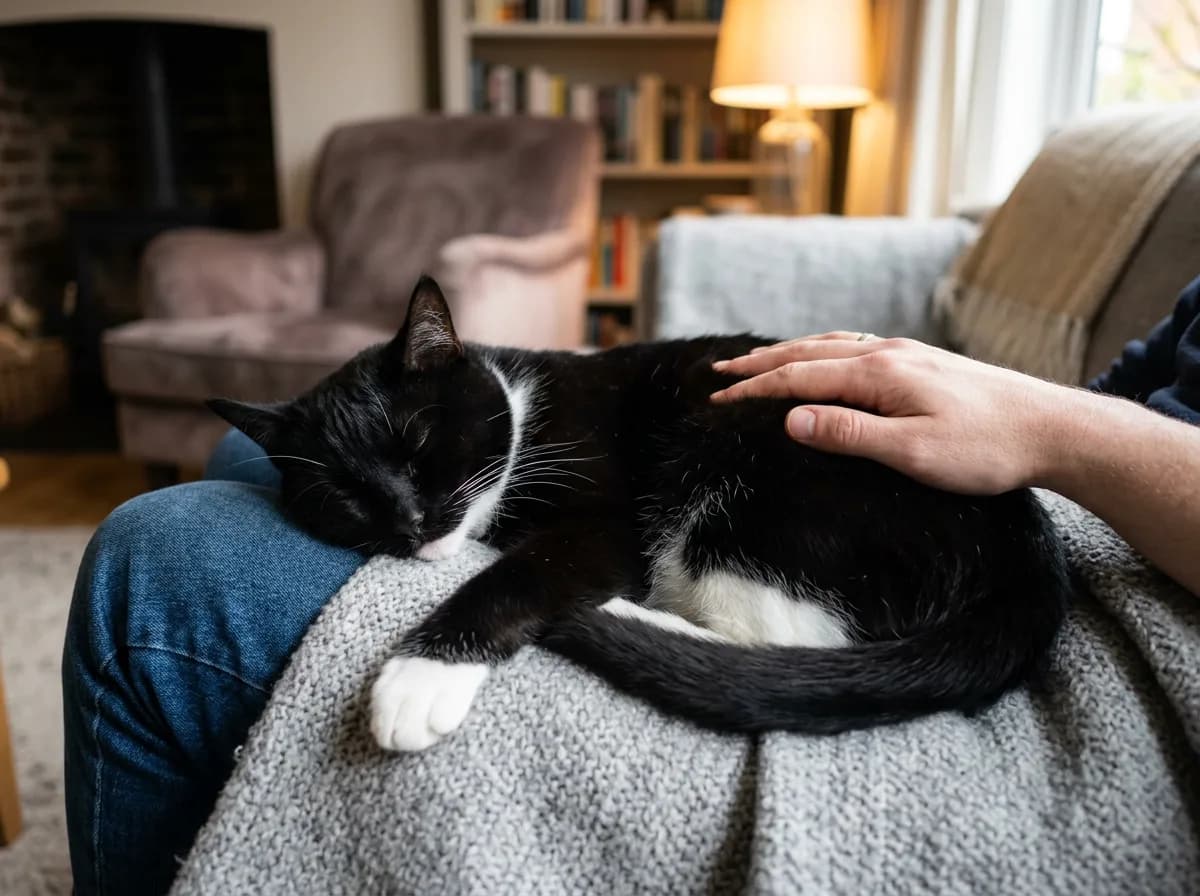 A black-and-white tuxedo cat curled up asleep on a couch arm with a hand resting gently on its back, one white paw stretched out, in a cozy living room