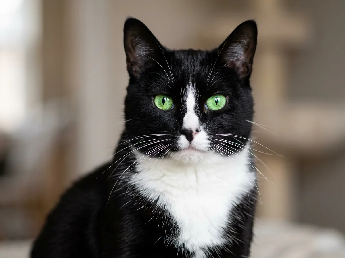 Close-up portrait of a black-and-white tuxedo cat with a white chest bib, white paws, and bright green eyes looking directly at the camera