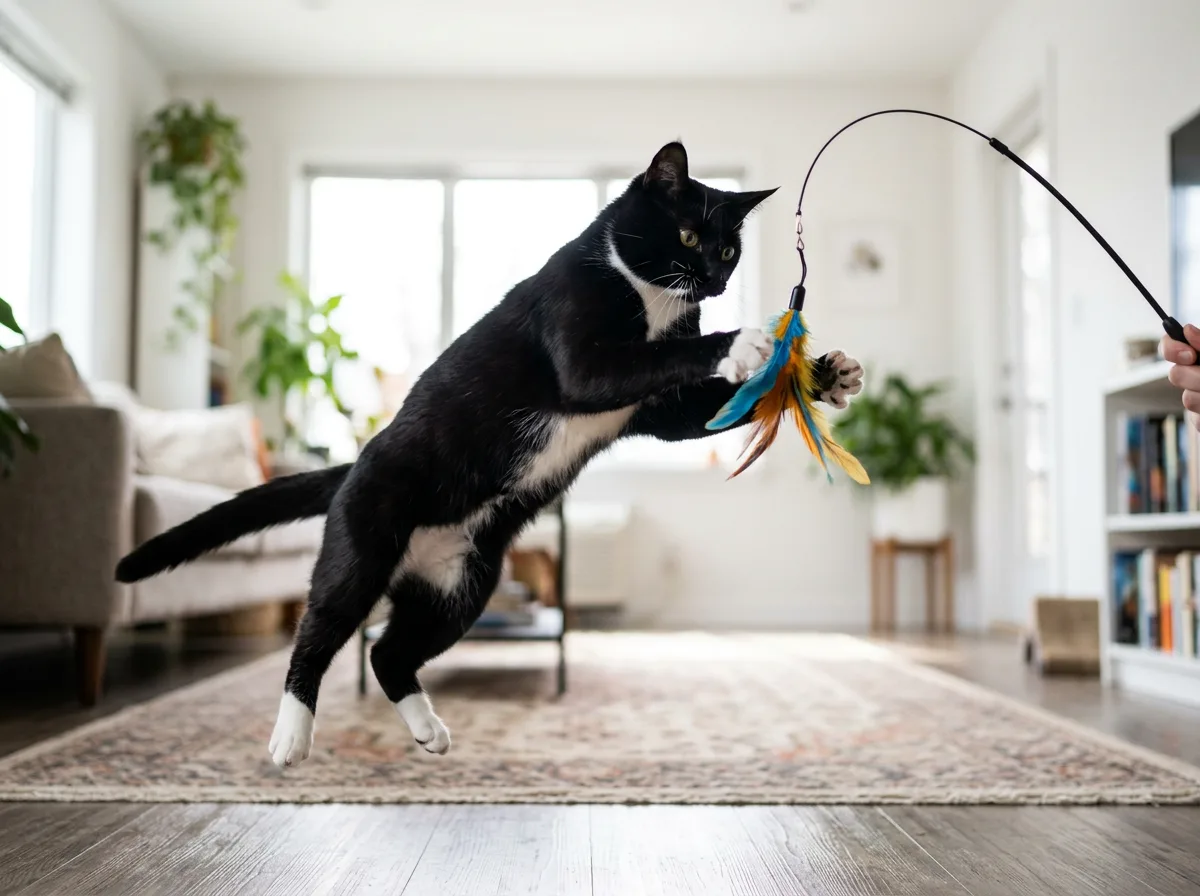 An energetic black-and-white tuxedo cat mid-pounce on a feather wand toy, front paws off the ground, in a bright room