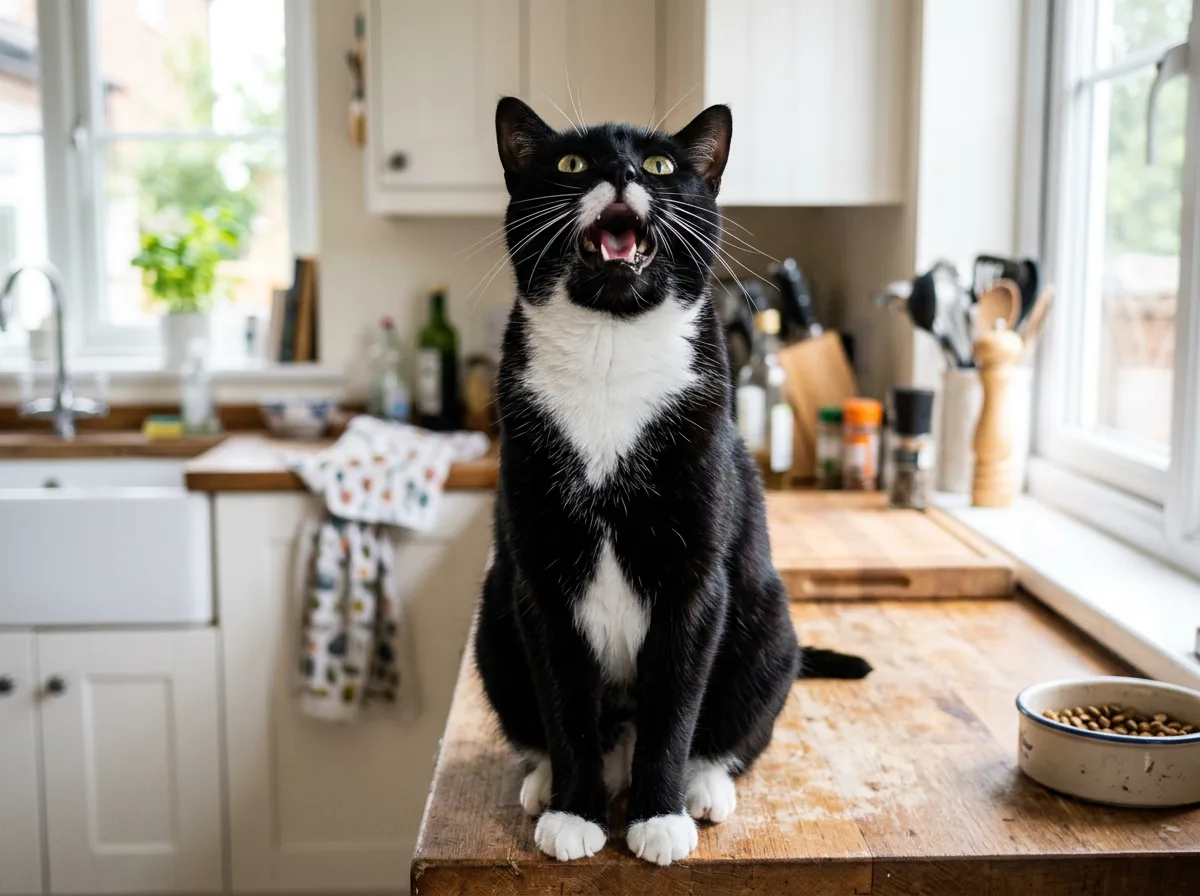 A black-and-white tuxedo cat sitting upright with its mouth open mid-meow, looking up at its owner in a kitchen