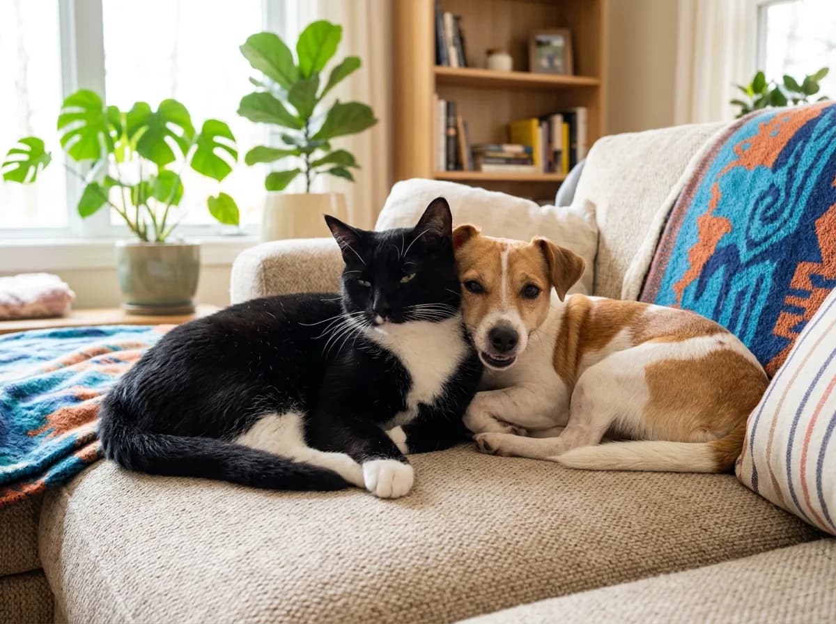 A black-and-white tuxedo cat resting calmly against a small tan-and-white dog on a couch, the two relaxed and touching, in a sunlit living room