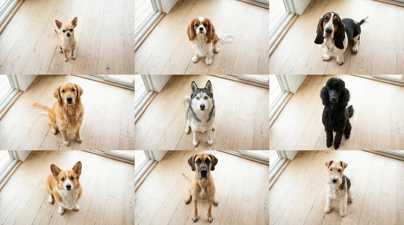 Overhead flat-lay grid of nine distinctly different dog breeds sitting on a pale wood floor, one from each AKC group, showing the size and coat range