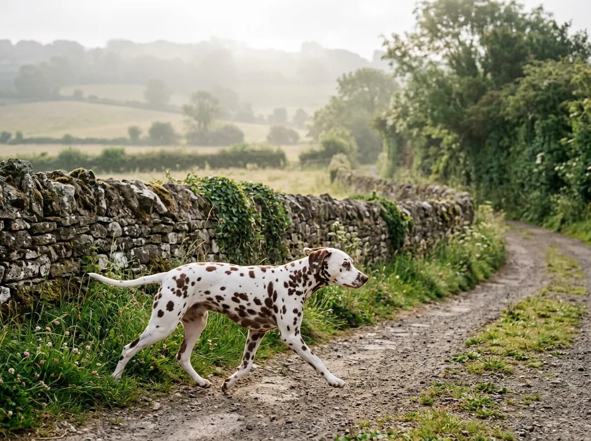 A liver-spotted Dalmatian trotting alongside a country lane with a stone wall behind it, distinctive black-on-white spotted coat sharp in profile, mus