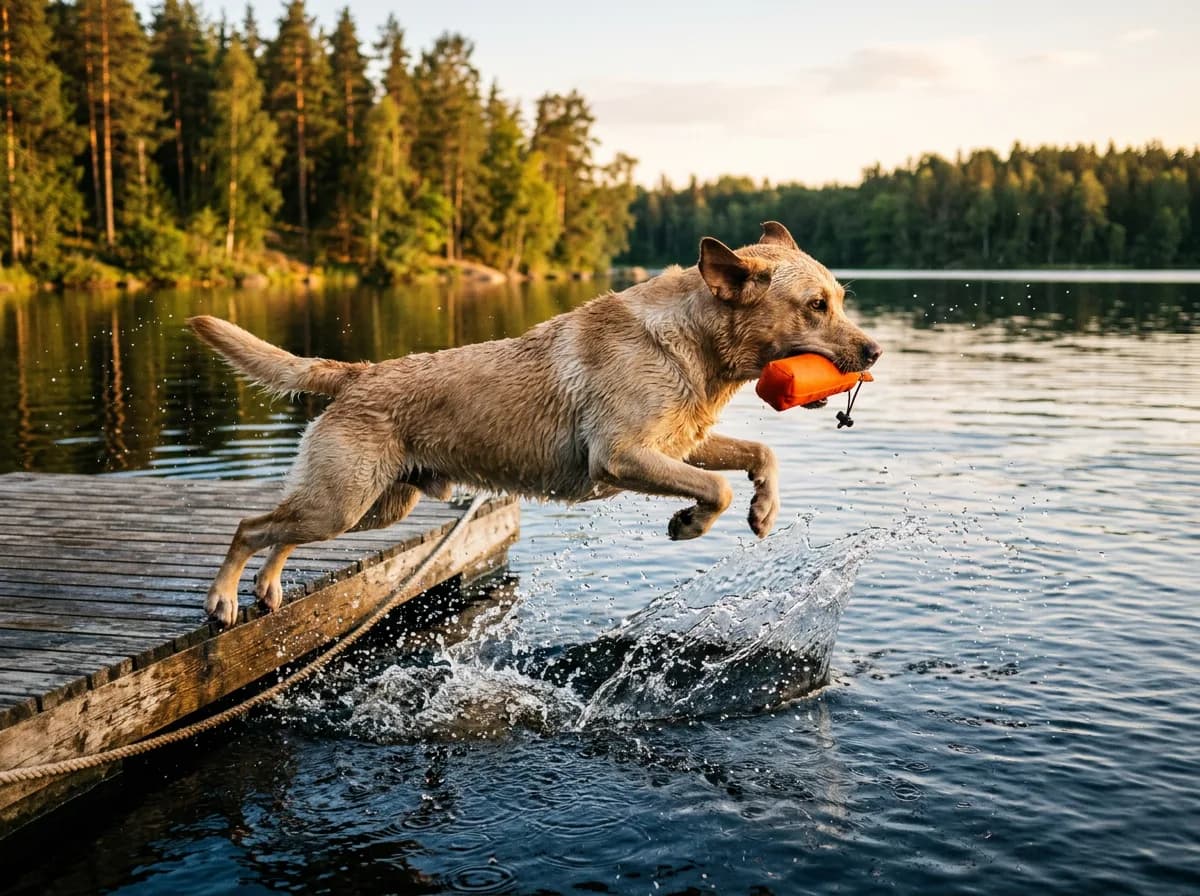 A yellow Labrador Retriever mid-leap off a wooden dock into a lake with a splash, wet coat, retrieving toy in mouth, golden late-afternoon light, acti