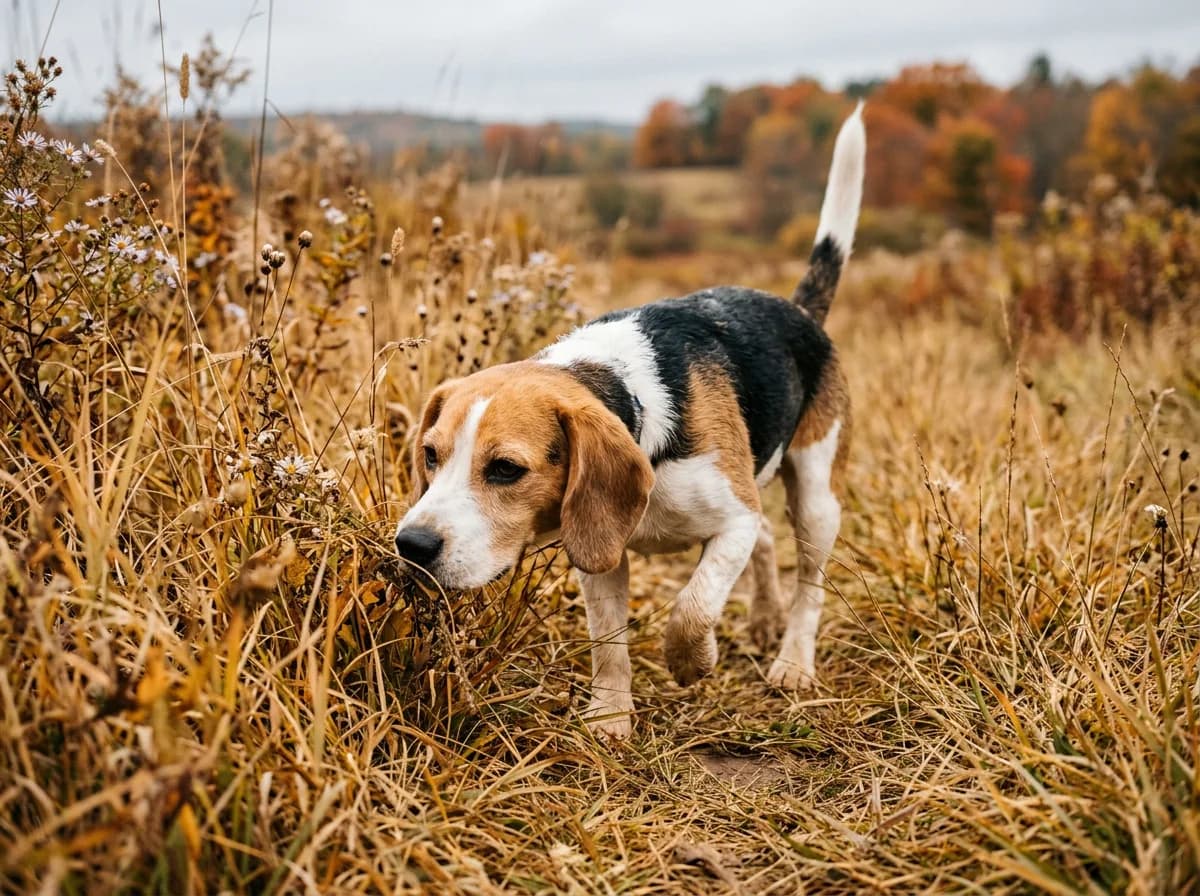 A tricolor Beagle nose-down tracking a scent trail through tall autumn grass in a meadow, ears forward, tail up, low ground-level angle emphasizing th