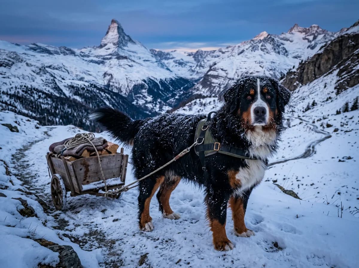 A Bernese Mountain Dog in harness standing on a snowy mountain trail beside a small wooden cart, thick tricolor double coat dusted with snow, alpine r