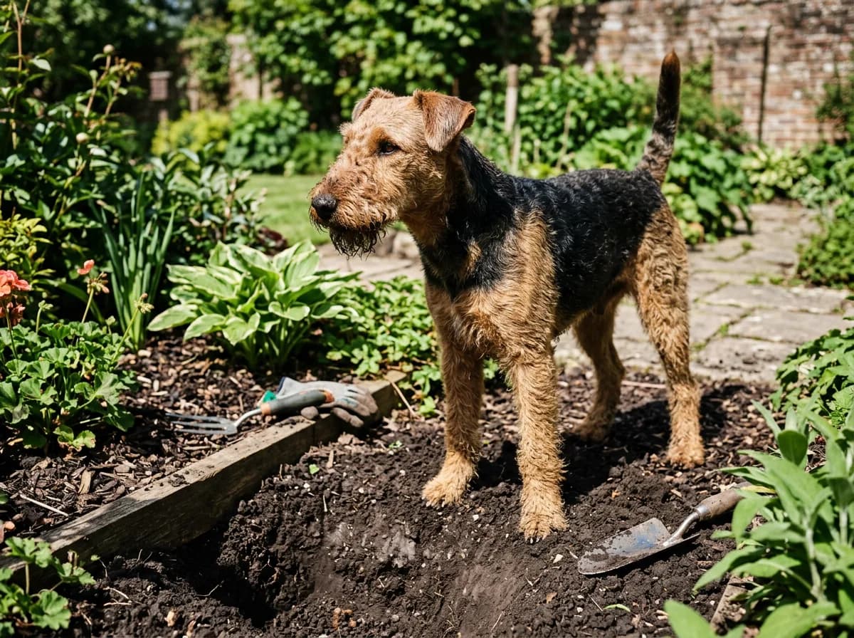 A wiry-coated Airedale Terrier standing alert at the edge of a freshly dug hole in a garden bed, paws and muzzle dusted with dark soil, tail up, brigh