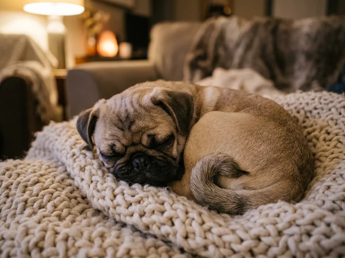 A fawn Pug curled up asleep on a soft cream knit blanket on a sofa, close-up of the compact wrinkled face and curled tail, warm cozy indoor lamp light