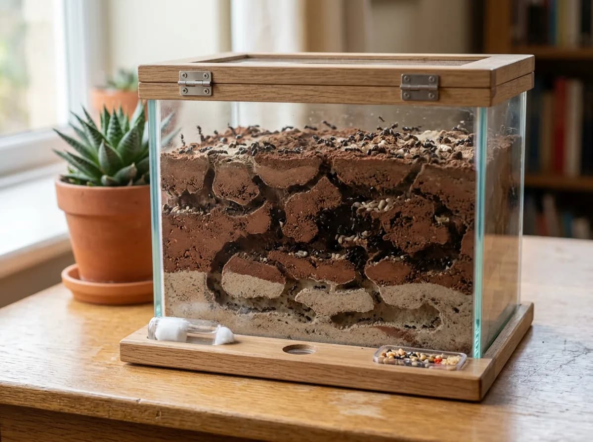 Ant farm with visible tunnels in a clear formicarium