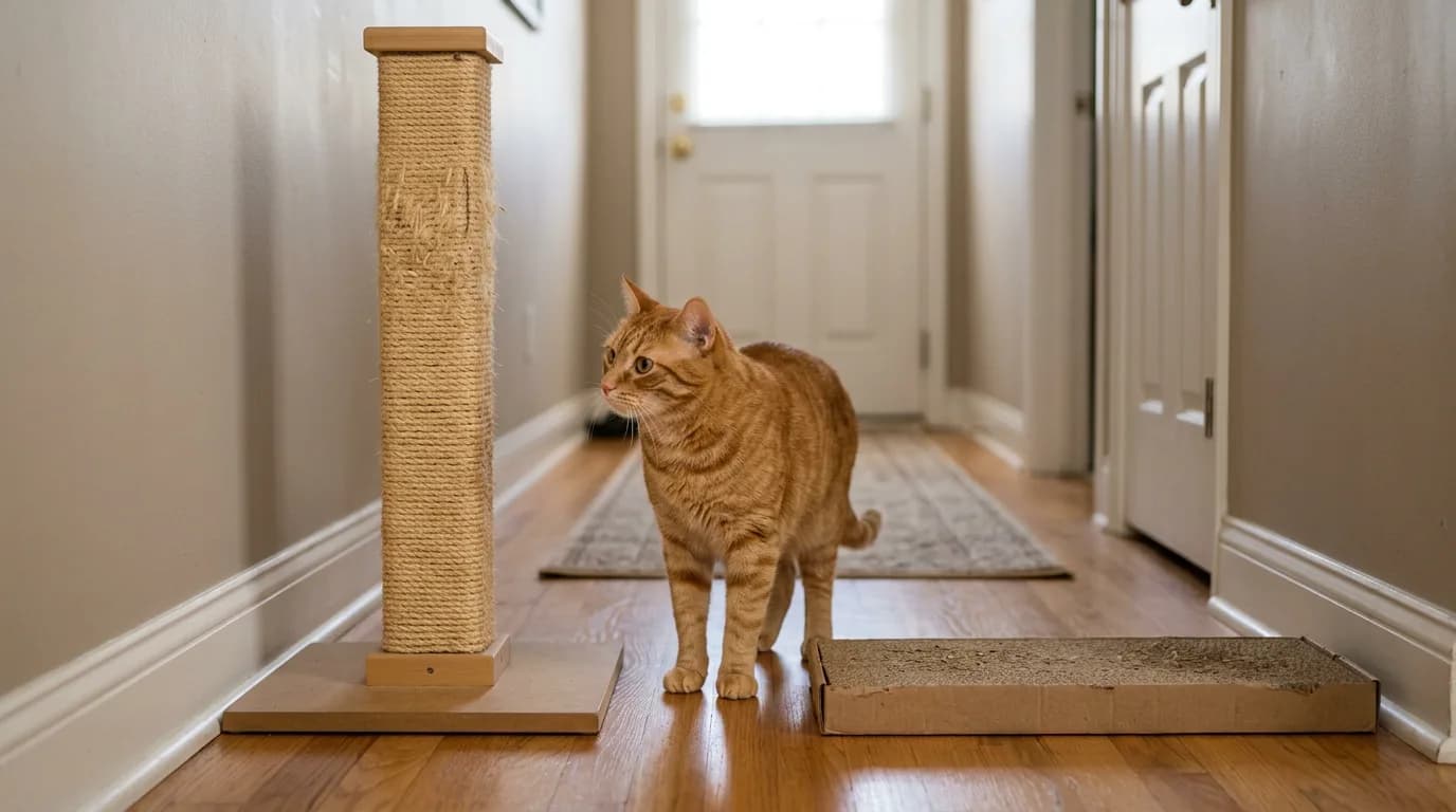 Orange tabby standing between an upright scratching post and a flat cardboard pad.