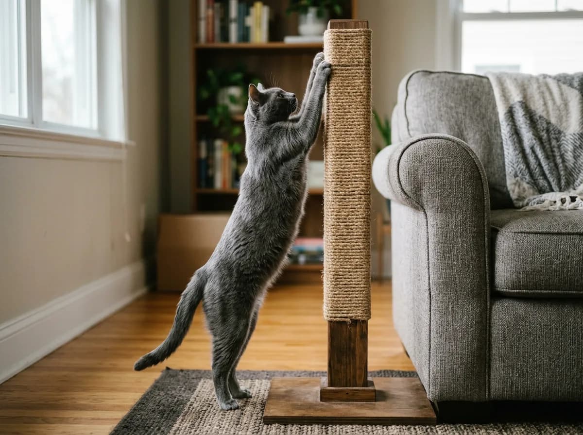A cat stretching upward on a vertical scratcher beside a sofa arm.
