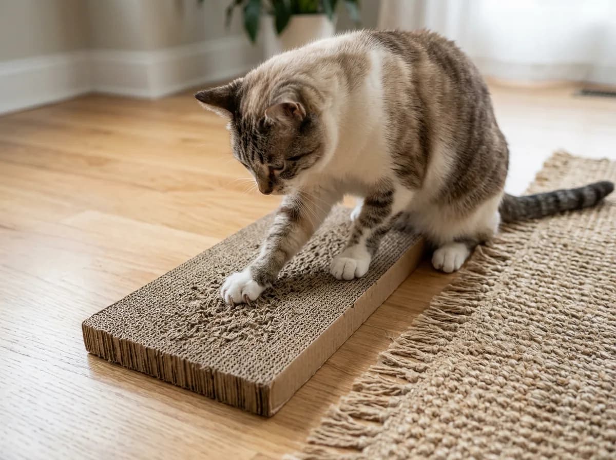 A cat scratching a flat cardboard pad near the edge of a rug.