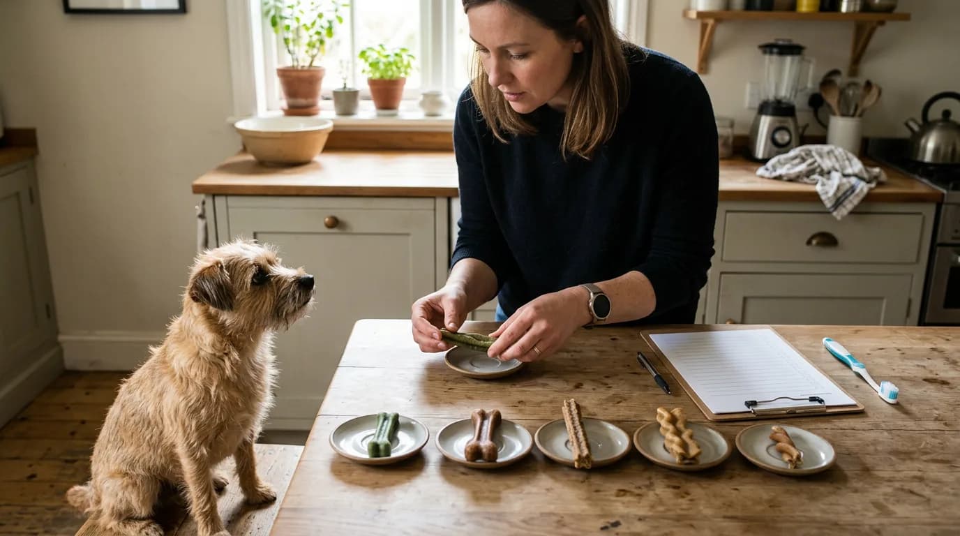 An owner comparing unbranded dog dental chews before offering one to a dog.