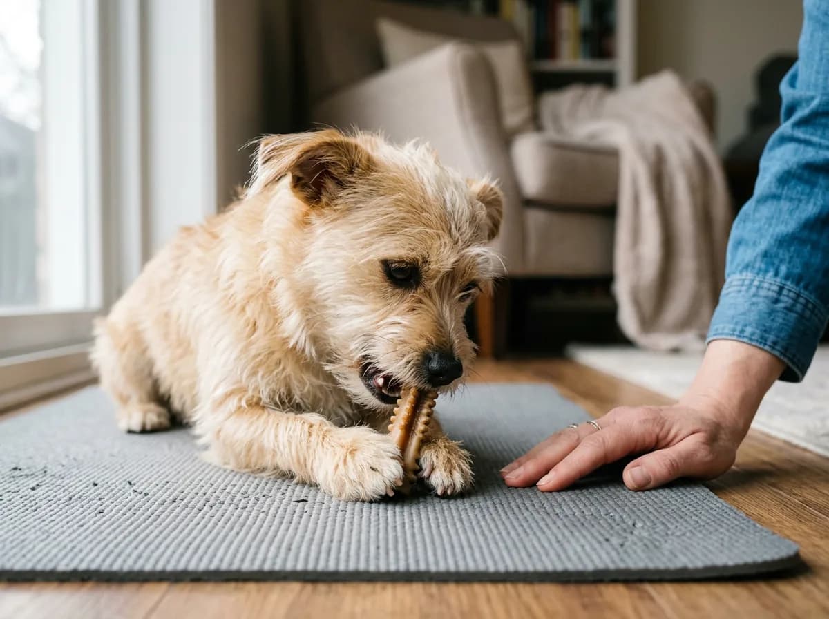 A small dog chewing an appropriately sized dental chew on a mat.