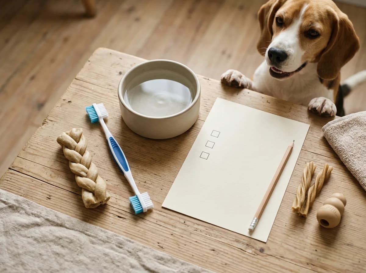 A blank dental-chew checklist beside chews, a toothbrush, and a water bowl.