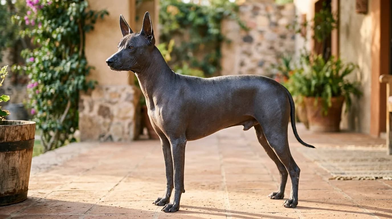 a Xoloitzcuintli (Mexican Hairless Dog) standing in profile on a sunlit patio, smooth gray skin catching the light, alert upright ears, shallow depth of fi