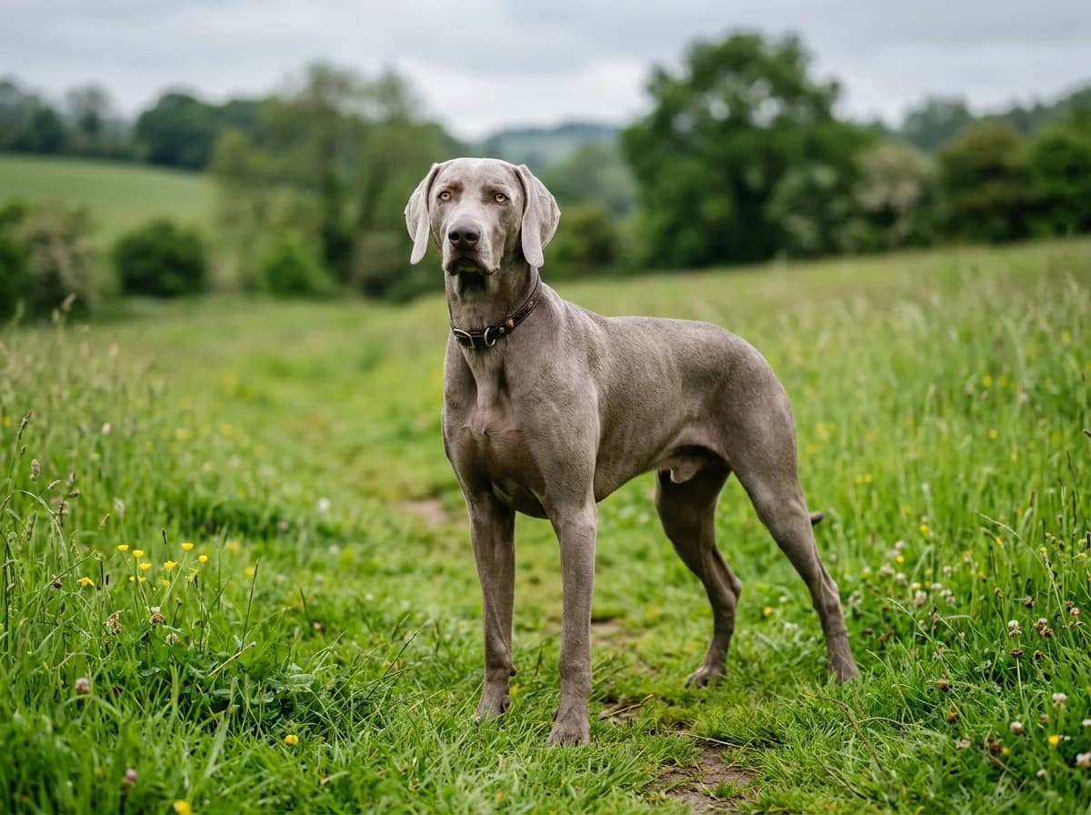 a sleek silver-gray Weimaraner standing in a green field, striking pale amber eyes, glossy coat, soft overcast light
