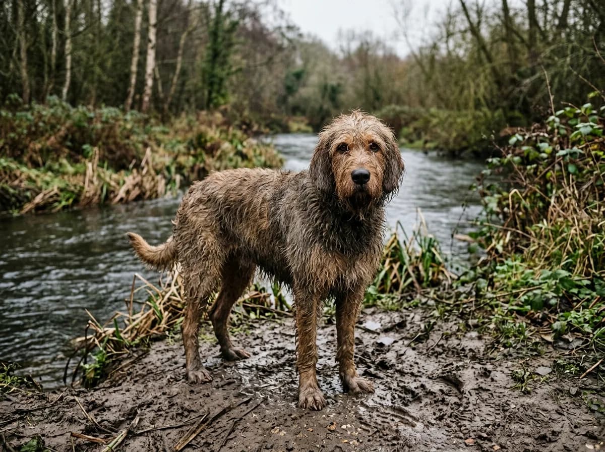 a shaggy Otterhound standing on a muddy riverbank, dense wiry brown coat, webbed feet, overcast diffused light