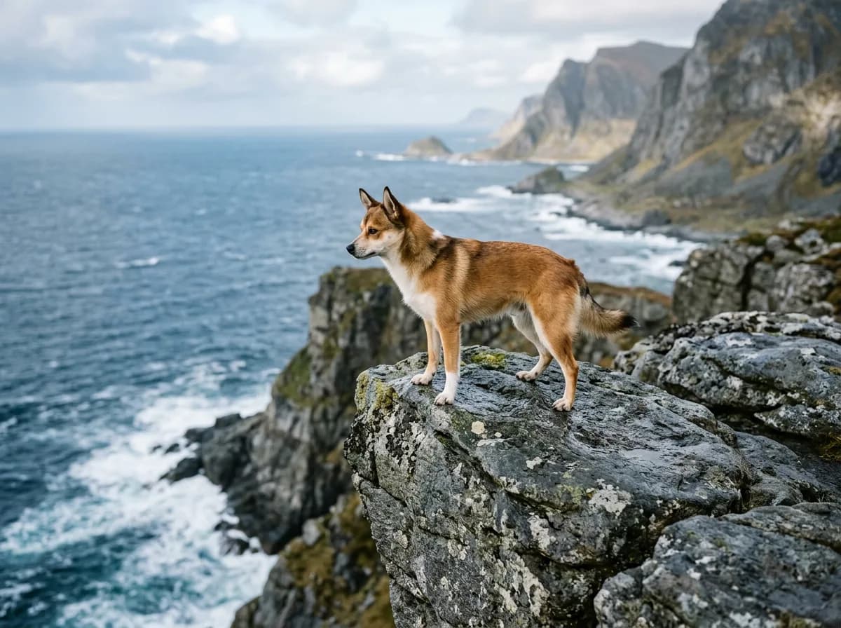 a Norwegian Lundehund perched on gray coastal rock near a cliff edge, small fox-like build, alert stance, cool northern daylight