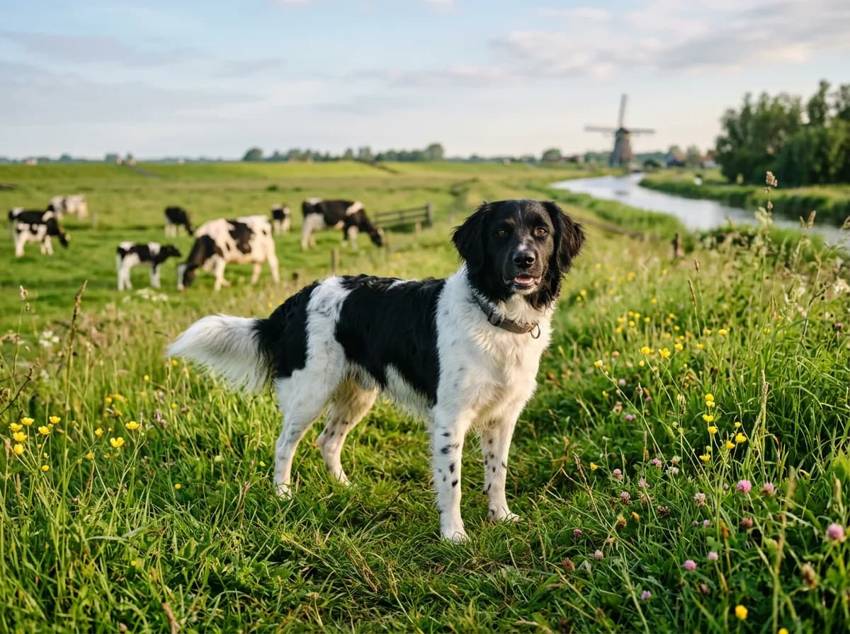 a rare Stabyhoun standing in a green Dutch pasture, black-and-white coat, friendly expression, soft morning light