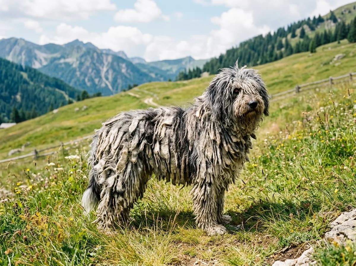 a Bergamasco Sheepdog standing on a grassy hillside, distinctive flat felted coat mats, calm posture, bright natural daylight
