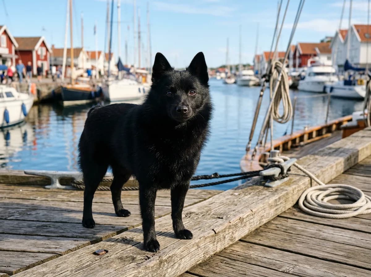 a small black Schipperke standing alert on wooden boat decking near water, foxy face, thick ruff, bright waterfront light