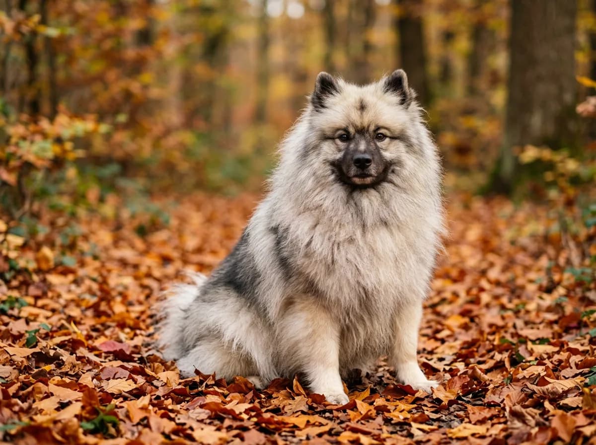 a fluffy gray-and-cream Keeshond sitting on autumn leaves, plush spectacled face markings, soft diffused fall lighting