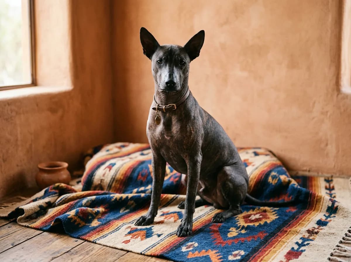 a coated Xoloitzcuintli sitting on a woven Mexican blanket, warm terracotta background, calm expression, natural side lighting