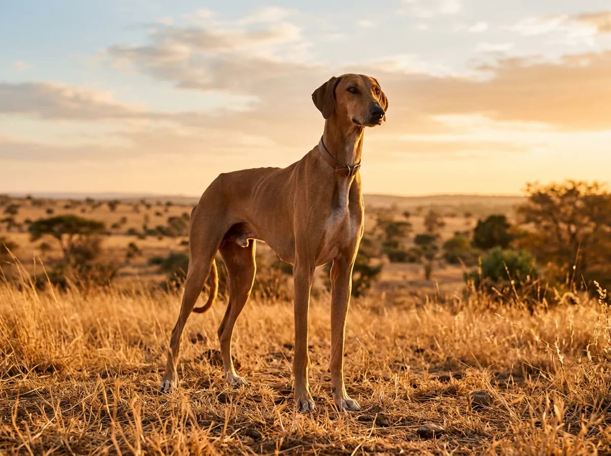 a lean Azawakh sighthound standing tall on dry savanna grass at golden hour, elegant long legs, tan coat, warm backlighting
