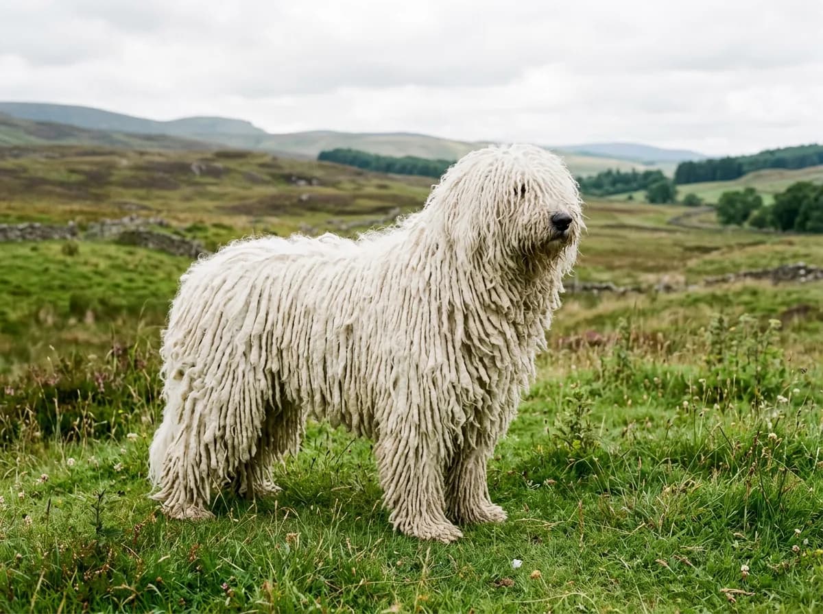 a large white Komondor with long corded dreadlock coat standing on green grass, full body visible, bright overcast daylight