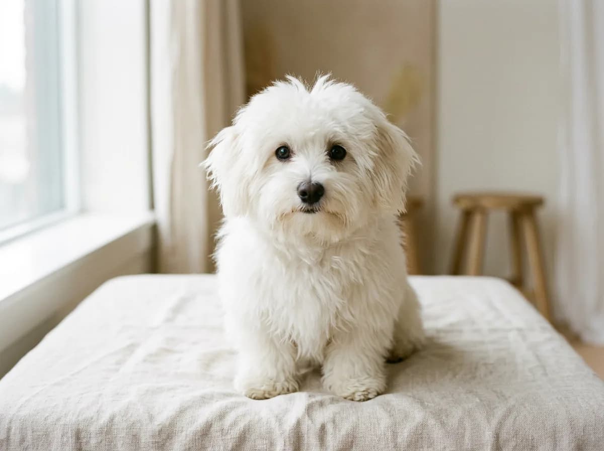 a fluffy white Coton de Tulear sitting on a pale linen surface, soft cotton-like coat, bright airy studio lighting, dark round eyes