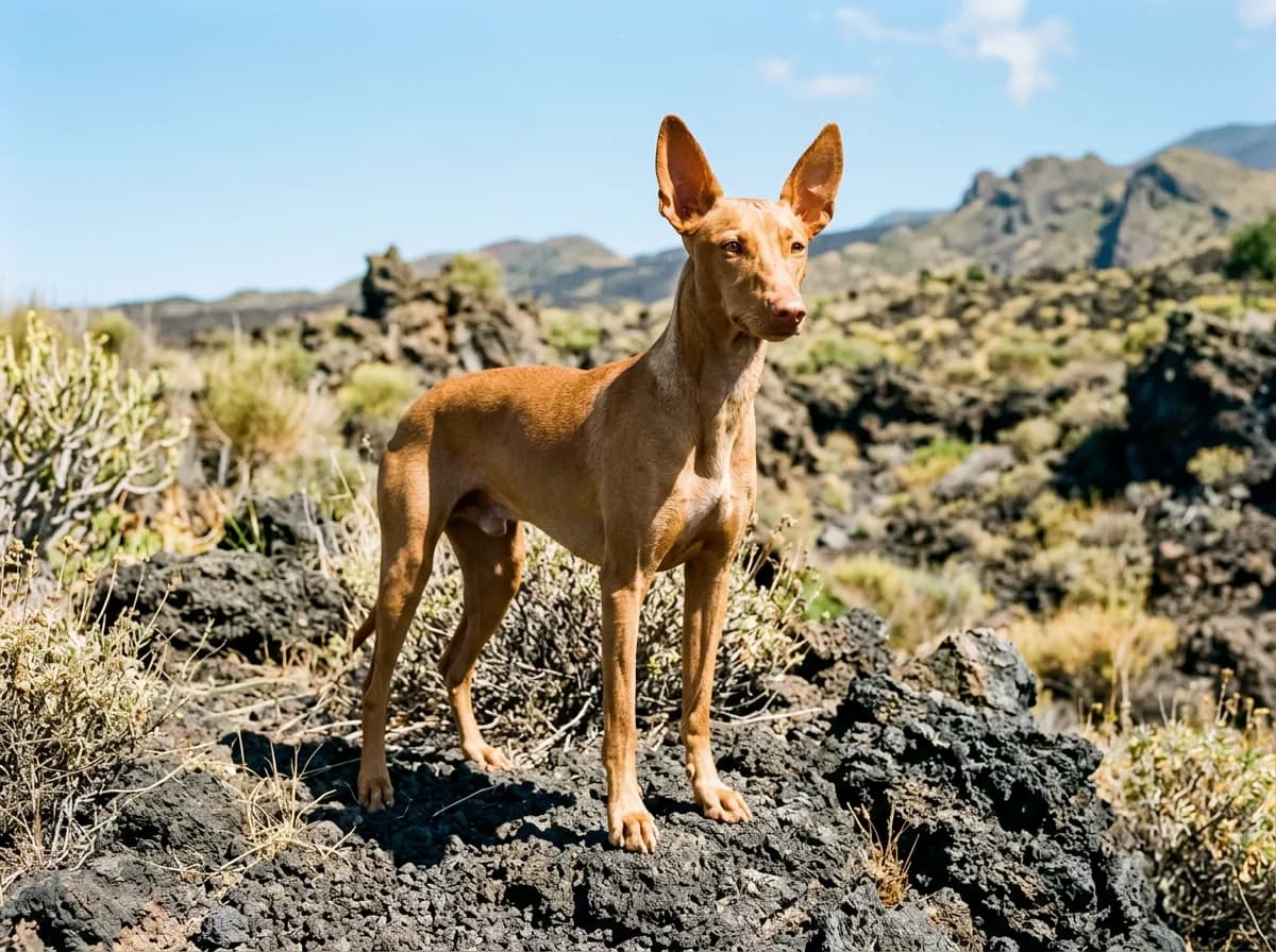 a slender tan Cirneco dell'Etna hound standing on volcanic rock with sparse Mediterranean brush, large amber ears, bright Sicilian sunlight