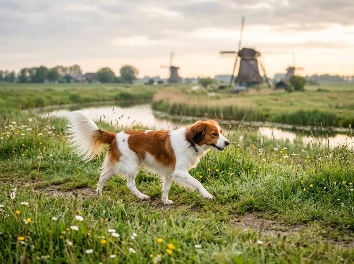 a small orange-and-white Kooikerhondje trotting across a grassy Dutch meadow, feathered ears and tail, soft morning light