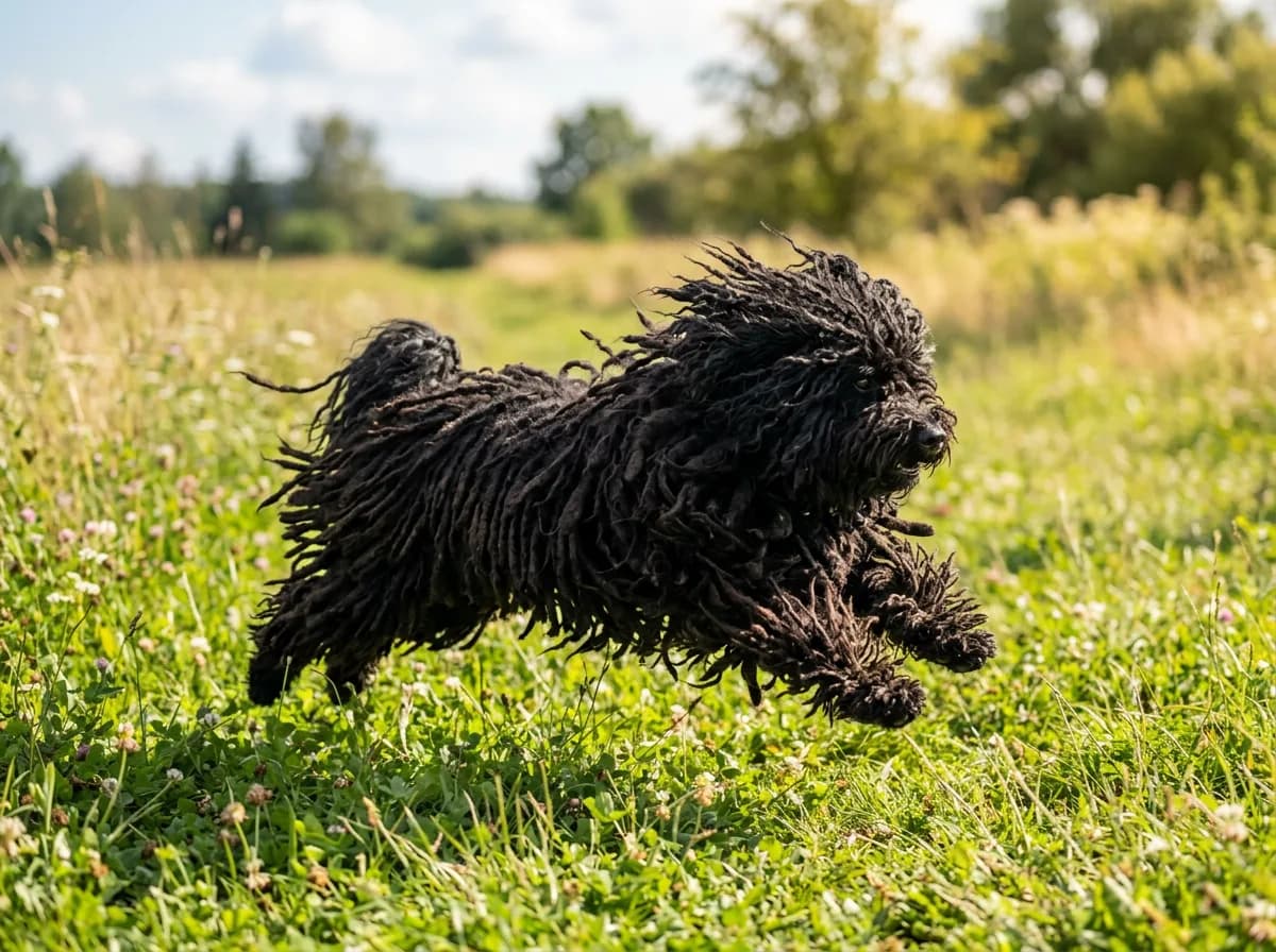 a black corded Puli mid-stride on a grassy field, long mop-like cords bouncing, playful energy, bright natural daylight