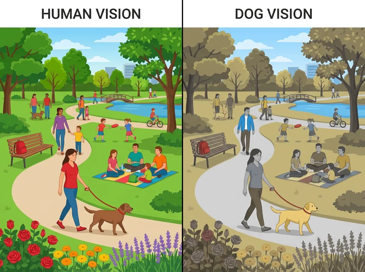 Side-by-side comparison illustration of a park scene, left panel in full human color and right panel shifted into a dog's blue-yellow dichromatic pale