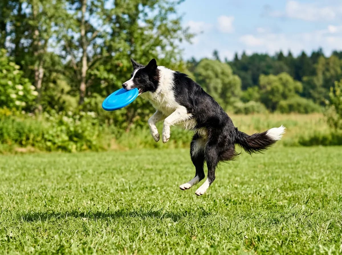 A medium-sized black-and-white border collie mid-leap on a green lawn catching a bright blue disc, motion frozen, sunny day, the blue toy sharply visi