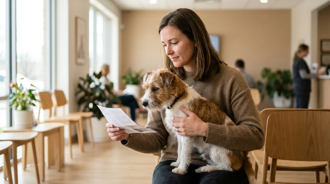 Woman reading a vet invoice while holding her terrier mix in a clinic waiting room