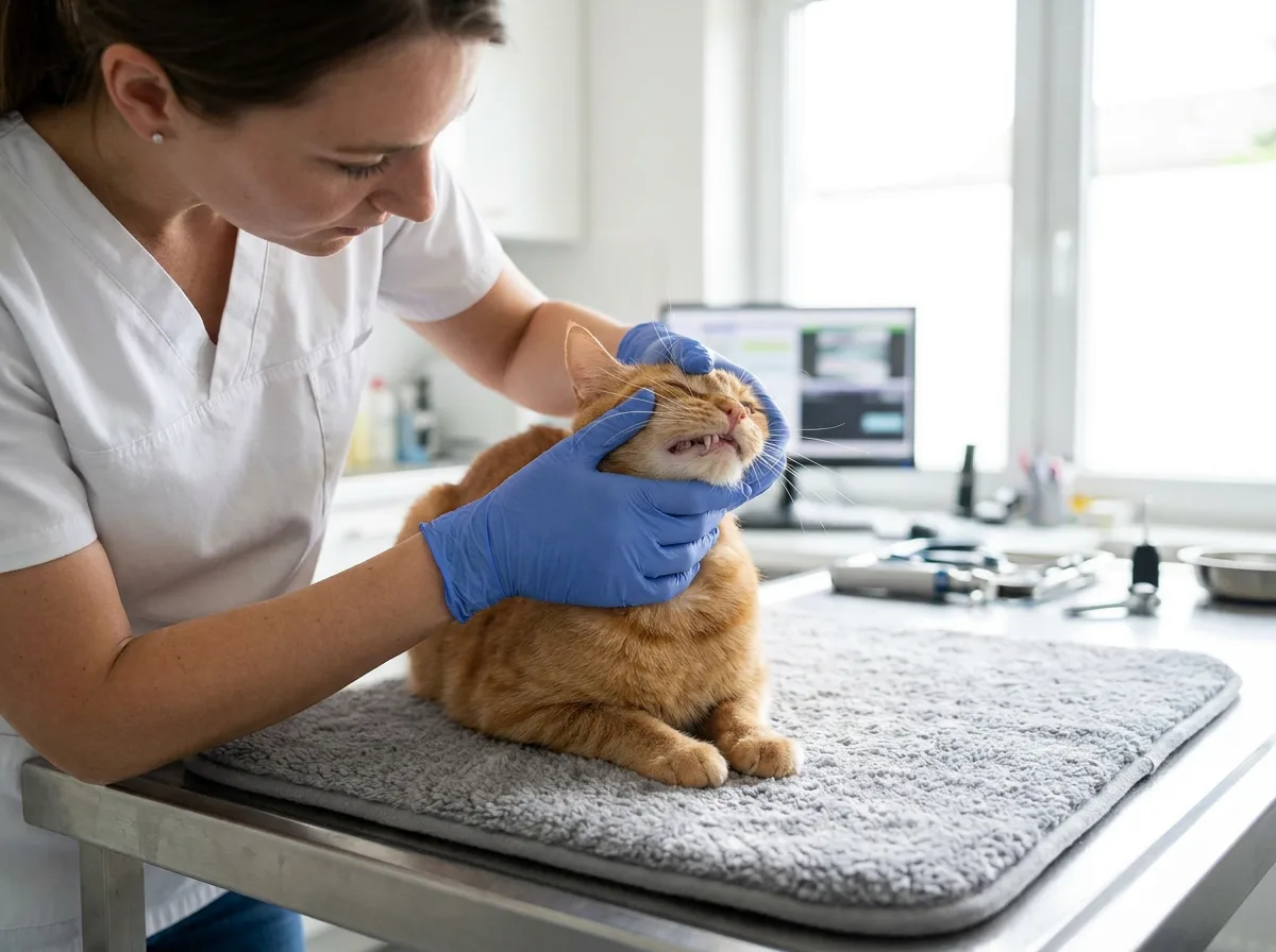 Gloved veterinarian lifting an orange tabby cat's lip to examine its teeth