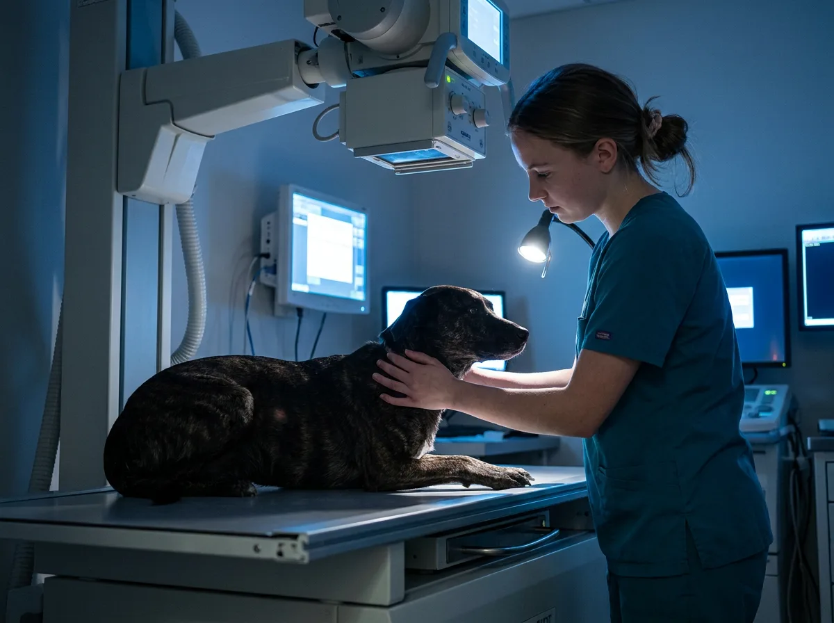 Veterinary technician in teal scrubs steadying a brindle dog on an X-ray table