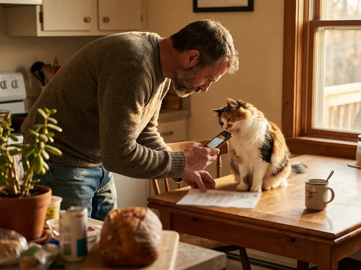 Man photographing a vet invoice with his phone as his calico cat watches on the kitchen table