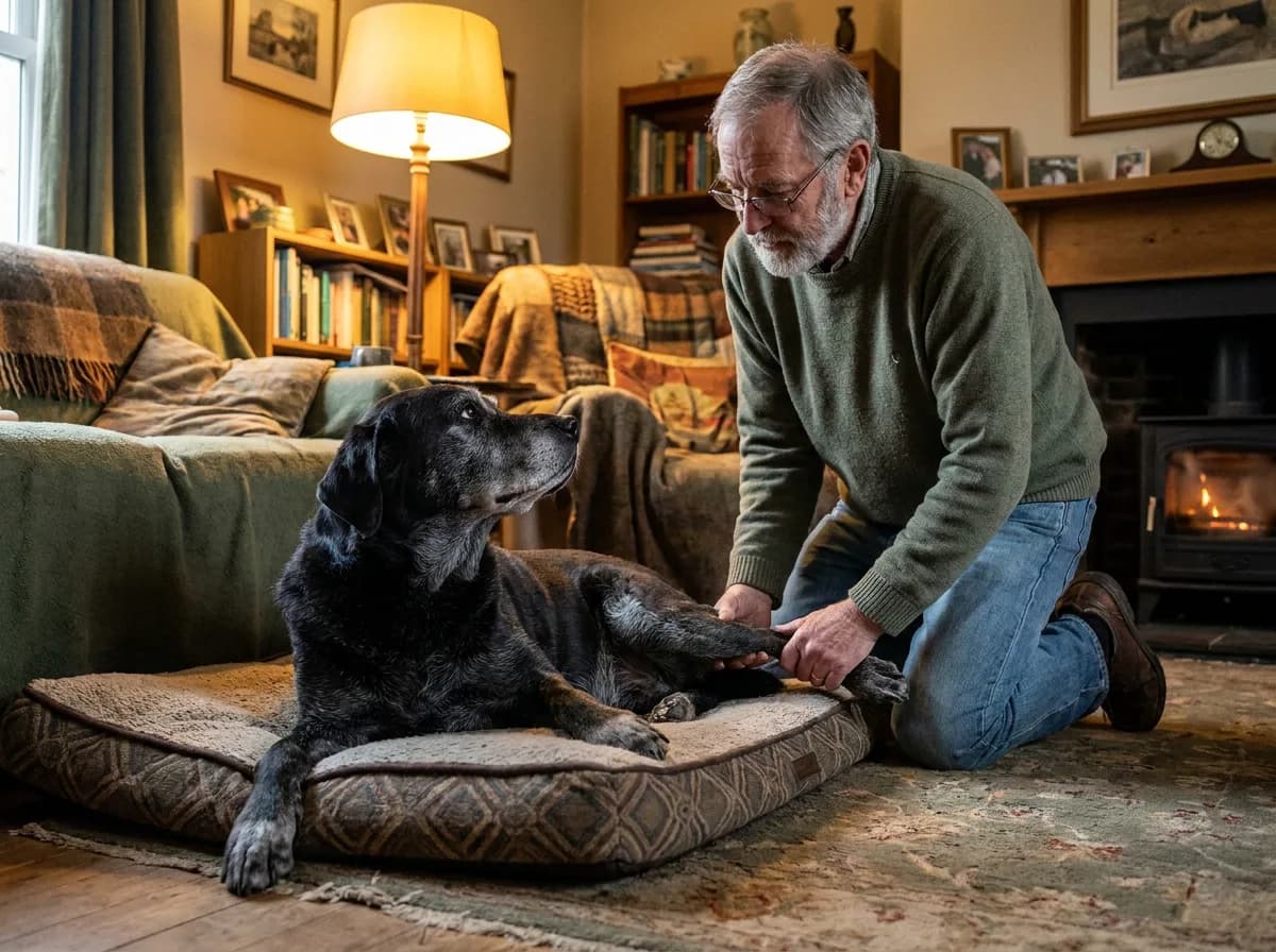 Older man kneeling to check his senior black Labrador's leg on an orthopedic bed at home
