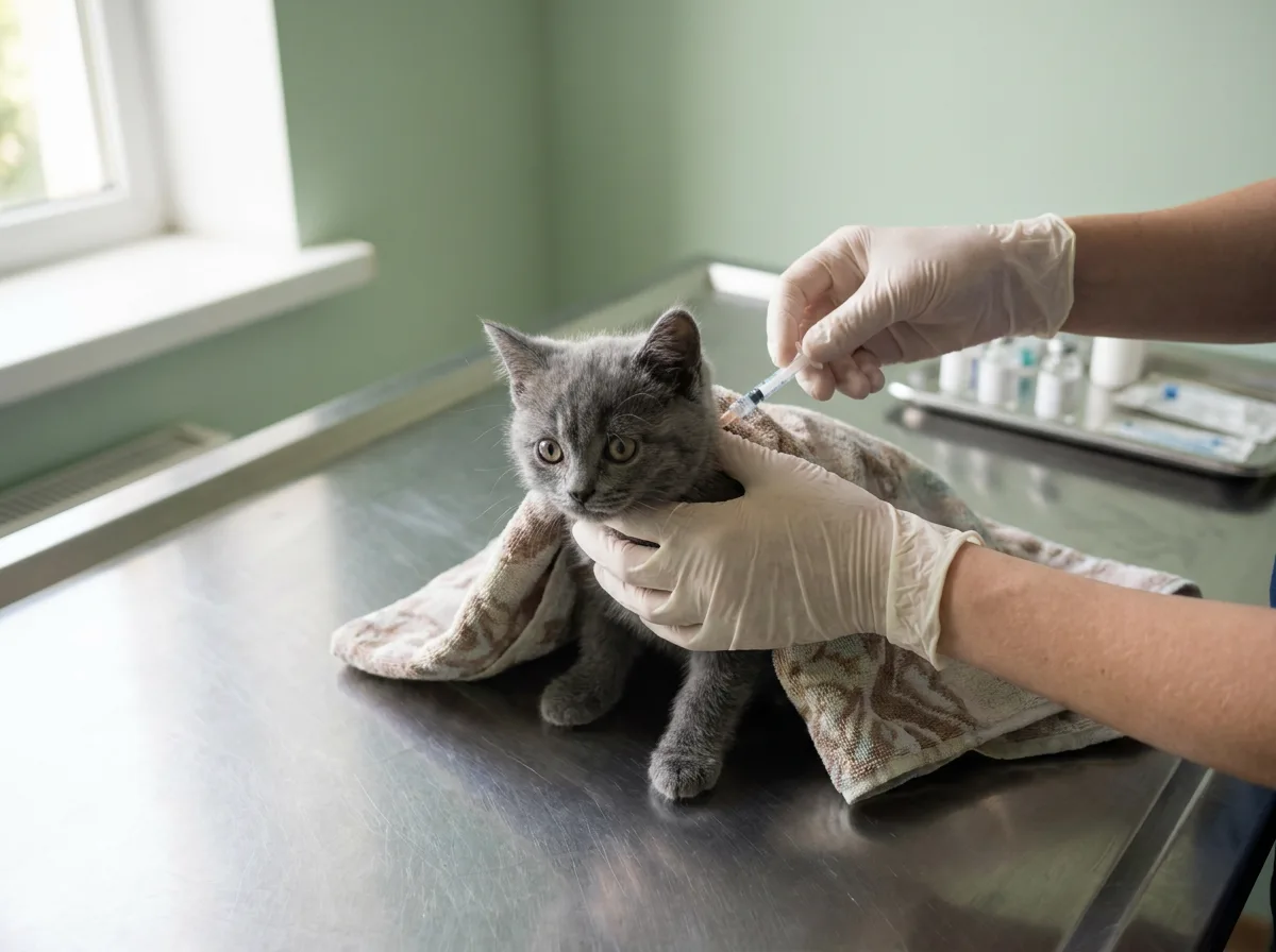 Gray kitten wrapped in a towel receiving a vaccination on a stainless clinic table