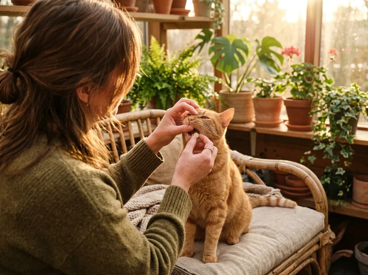 Person in an olive sweater gently giving an orange tabby cat a small tablet by hand in a sunlit room full of potted plants.