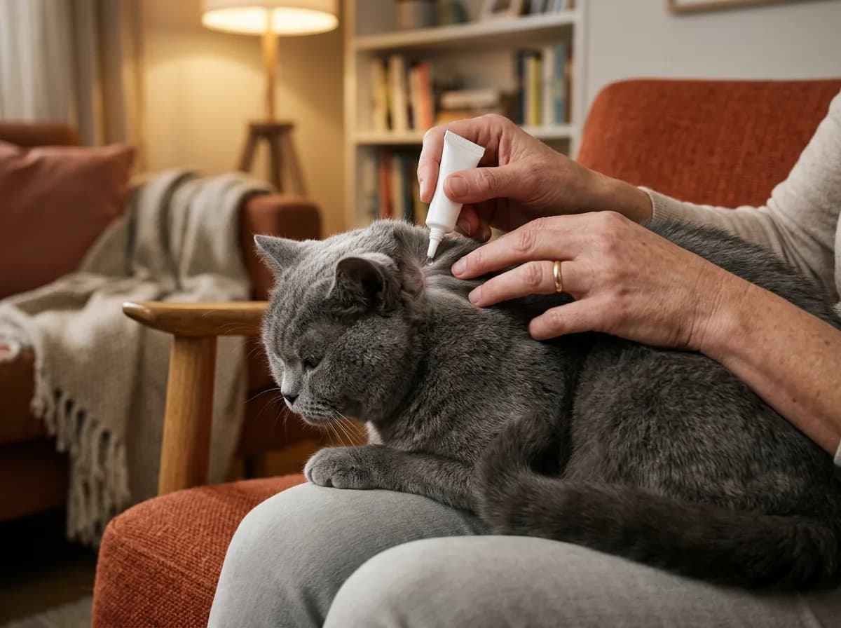 Person applying liquid from a white spot-on tube to the back of a gray shorthair cat's neck as it sits on their lap indoors.